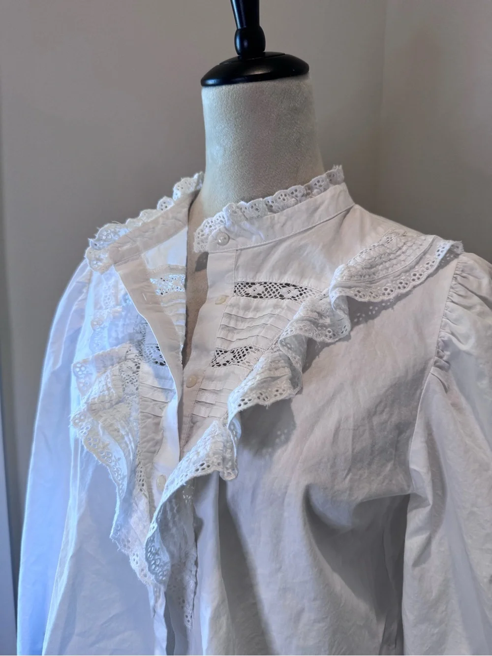 Zara Lace Ruffle Victorian-Style White Button-Up Blouse